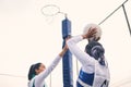 Sports, netball and black woman shooting ball in match for competition, exercise or practice. Training, wellness or Royalty Free Stock Photo