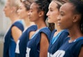 Sports, Netball and team of women with motivation, focus and strong mindset stand in row. Collaboration, teamwork and