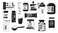 Sports Nutrition Black and White Icons Set, Specialized Dietary Food for Athlete Include Proper Hydration, Macronutrient