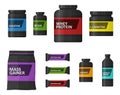 Sports nutrition containers packages, fitness protein power. Set of bodybuilding sport food. Jars and bottles with Royalty Free Stock Photo