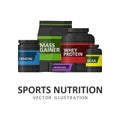 Sports nutrition containers packages, fitness protein power. Set of bodybuilding sport food. Jars and bottles with Royalty Free Stock Photo