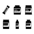Sports nutrition icons containers packages, fitness protein power. Set of bodybuilding sport food. Jars and bottles with