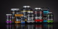 Sports nutrition supplements for bodybuilding. Whey protein casein, bcaa, creatine on black background