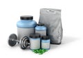 Sports nutrition and supplements with dumbbells