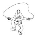 sports old man in jeans, grandfather jumping rope, children`s game, skipping