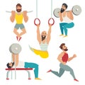 Sports people in the gym. Gymnastics rings, bench press, running, squats, tightened on the panel