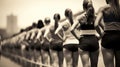 Sports photo from the sidelines of the starting line of an Olympic track race, beautiful athletic women are lined up in the