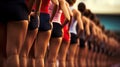Sports photo from the sidelines of the starting line of an Olympic track race, beautiful athletic women are lined up in the