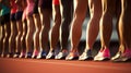 Sports photo from the sidelines of the starting line of an Olympic track race, beautiful athletic women are lined up in the