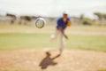 Sports, pitch and baseball ball in air, pitcher throwing it in match, game or practice in outdoor field. Fitness Royalty Free Stock Photo