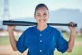 Sports, portrait and woman with a baseball, bat and smile at a field for training, workout or match practice. Happy