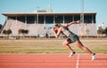 Sports, race and woman athlete running sprint in competition for fitness game or training as energy wellness on a track Royalty Free Stock Photo