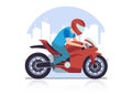 Sports racing motorcycle. Racer against backdrop of cityscape rushes at high speed on red motorbike cartoon flat style Royalty Free Stock Photo