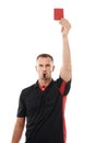 Sports referee, red card and man blowing whistle with hand warning for soccer rules, penalty or fail. Football coach Royalty Free Stock Photo