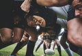 Sports, rugby and players in a scrum on a field during a game, workout or training in a stadium. Fitness, performance Royalty Free Stock Photo