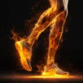 a sports runner legs burnt with fire flames on black background