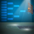 Sports score table on background of sports basketball court with backboard, hoop and ball for banner. Background for competition.