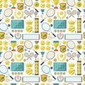 Sports seamless pattern with tennis icons in flat Royalty Free Stock Photo