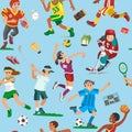 Sports seamless vector pattern with sportsmen playing soccer, football, basketball and cricket, cyclist and runners Royalty Free Stock Photo