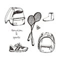 Sports set. backpacks, sneakers, badminton rackets and a shuttlecock. The theme of sports and recreation tourism. Vector Sketch Royalty Free Stock Photo