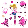 Sports set of items for a teenager girl who roller-skates.