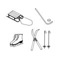 Sports set - skates, sledges, skis, ski poles, hockey stick, puck. eps10 vector illustration. hand drawing.