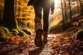 Sports shoe and legs on rock trail, hiker trekking or walking of footpath Royalty Free Stock Photo