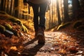 Sports shoe and legs on rock trail, hiker trekking or walking of footpath Royalty Free Stock Photo