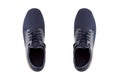 Sports shoes breathable from textile with laces of blue color.