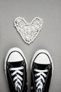 Valentines day flat lay banner. Chucks and pearls female concept.