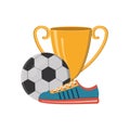 Sports shoes sneakers on the background of a soccer ball and a gold cup, awards for winning competitions