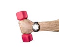 Sports smart watch on athlete`s hand holding a dumbbell Royalty Free Stock Photo