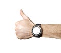 Sports smart watch on athlete`s hand isolated Royalty Free Stock Photo