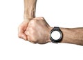 Sports smart watch on athlete`s hand isolated Royalty Free Stock Photo