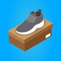 Sports sneaker stands on top of a cardboard box.