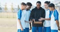 Sports, soccer and a coach talking to team on field for fitness exercise or game outdoor. Football formation, club and Royalty Free Stock Photo