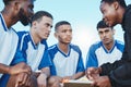 Sports, soccer coach and a team talking on a field for fitness exercise or outdoor game. Football formation, club and Royalty Free Stock Photo