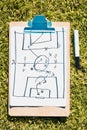 Sports, soccer field and clipboard planning a strategy for a group mission, target or tactics for goals. Solutions