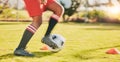 Sports, soccer player and legs of child practice for youth competition, speed action game or dynamic fitness match Royalty Free Stock Photo