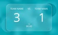 Sports soccer scoreboard with score and team name for euro 2020. Glassmorphism style, clear frosted glass. Template