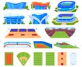 Sports stadium vector illustration set, cartoon flat indoor or outdoor arena field for sportsman people, stadium