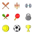 Sports stuff icons set, cartoon style