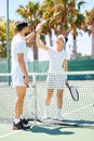 Sports, success and tennis team high five for court game, competition achievement or partnership teamwork support Royalty Free Stock Photo