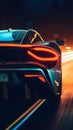 sports supercar's rear, tires gripping the track, as it accelerates under the neon glow