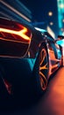 sports supercar's rear, tires gripping the track, as it accelerates under the neon glow