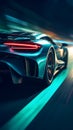 sports supercar's rear, tires gripping the track, as it accelerates under the neon glow