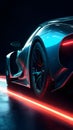 sports supercar's rear, tires gripping the track, as it accelerates under the neon glow