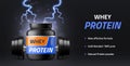 Sports supplements. Whey protein powder advertisement banner, black nutritional container, fitness ad, lightnings and Royalty Free Stock Photo