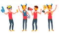 Sports Supporting Team Vector. Guys Fans Cheer For Team. Different Poses. Cartoon Character Illustration