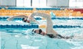 Sports, swimming pool and team of athletes training for a race, competition or tournament. Fitness, workout and female Royalty Free Stock Photo
